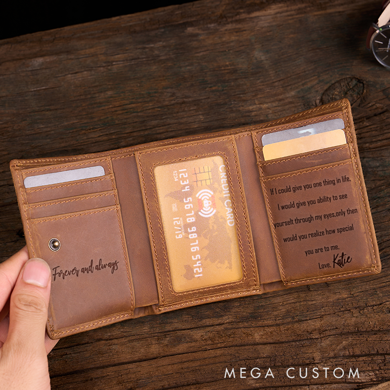 Personalized Engraved Trifold Wallets Mens Leather Wallet 1 2 3 Year Anniversary Gifts Christmas Husband Gift Boyfriend Gift