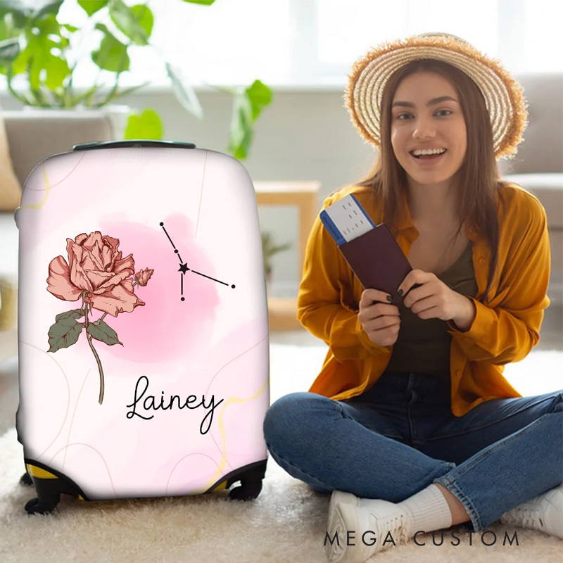Personalized A Girl Who Really Loved Traveling Birth Flower Constellation Luggage Cover Fits 18-32 Inches Suitcase Birthday Gift for Her