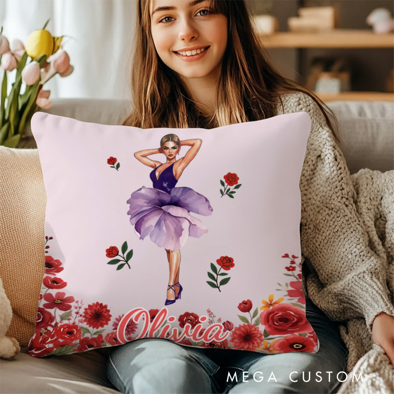 Personalized Birth Flower Latin Dance Girl Throw Pillow with Name Home Decor Anniversary Birthday Gift for Girls Women Dancers