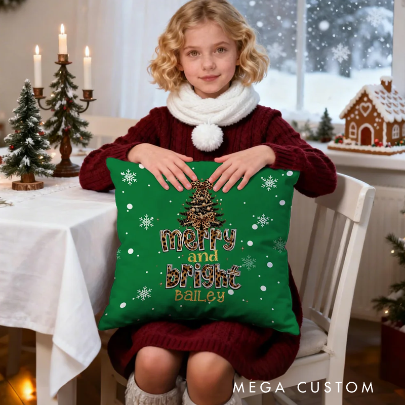 Personalized Merry and Bright Leopard Print Bow Christmas Tree Soft Throw Pillow Cover with Name Home Decor Christmas Gift for Kids Family