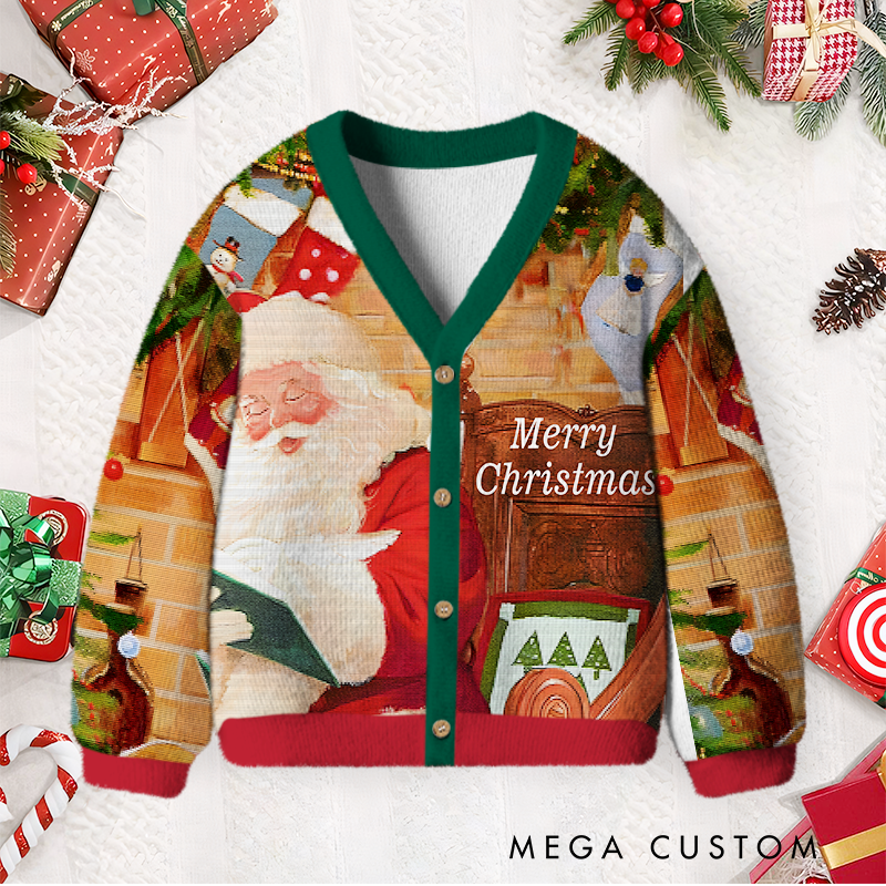 Personalized Retro Santa Claus Kids Christmas Cardigan Sweater Funny Sweatshirt Gifts