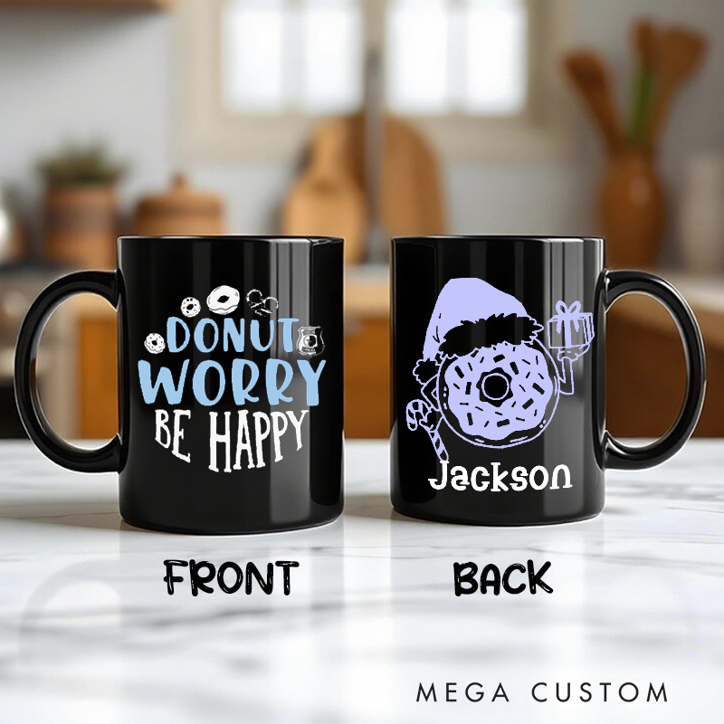 Personalized Police Themed Mug with Donut Worry Be Happy Design and Custom Name Unique Gift for Police Officers