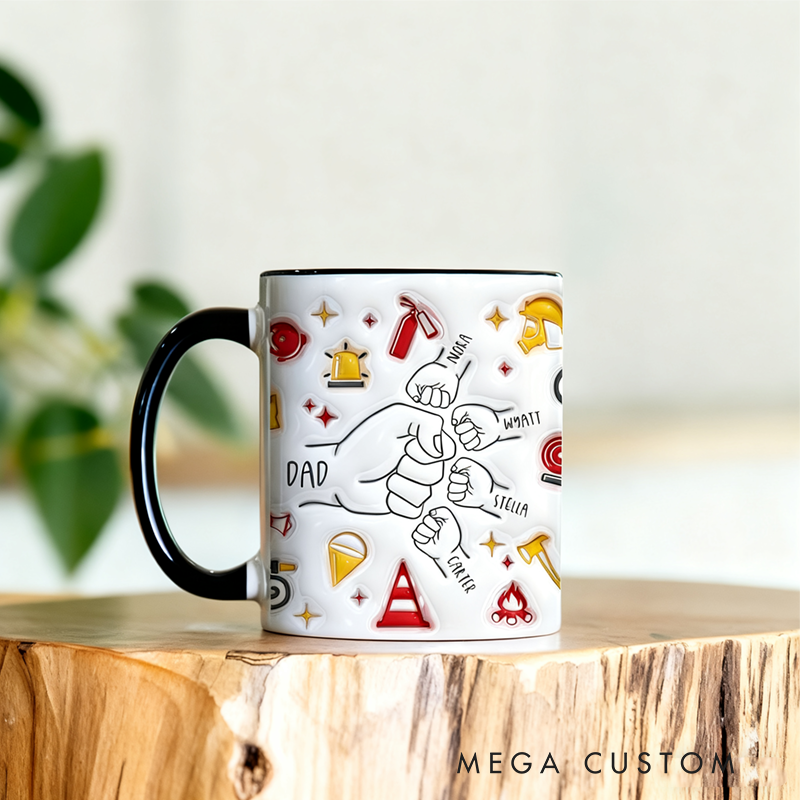 Personalized Firefighter Themed 3D Effect Mug with Dad and Kids Names Design Unique Gift for Firefighters