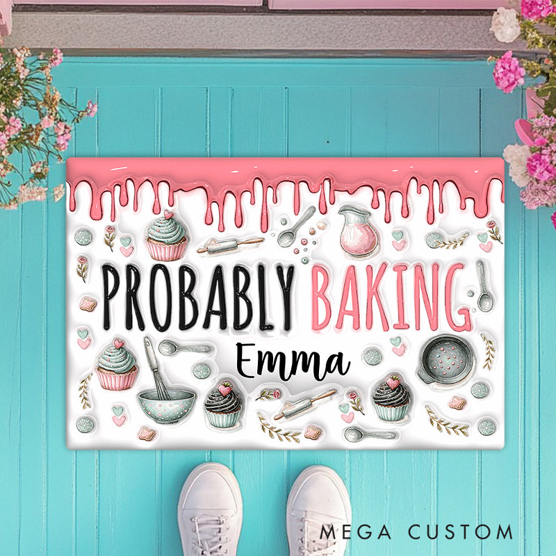 Personalized Probably Baking Doormat Custom Welcome Mat for Baker with Name Washable Non-Slip Kitchen Doormat Baking Lover Gift