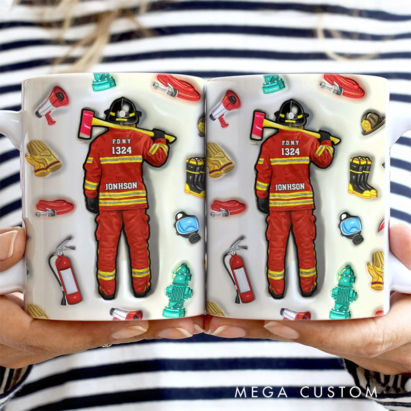 Personalized Firefighter 3D Effect Mug with Custom Name and Badge Number Gift for Firefighter