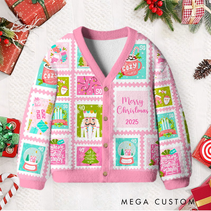 Personalized Christmas Patchwork Kids Cardigan Sweater with Festive Designs and Custom Name for Holiday Cheer Cardigan Sweater
