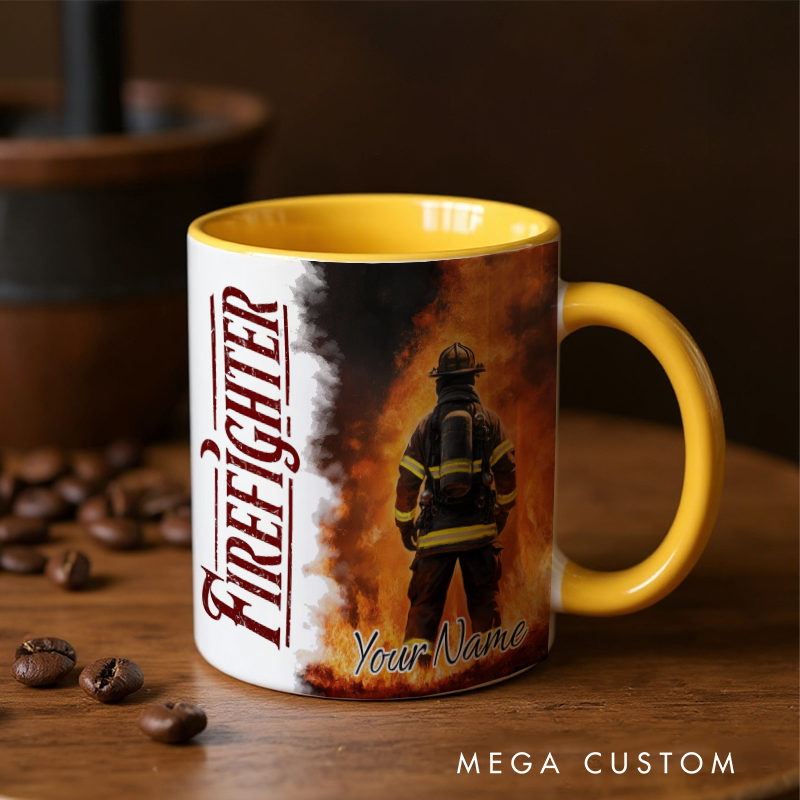 Personalized Firefighter Mug with Custom Name and Bold Fire Scene Design Gift for Firefighter