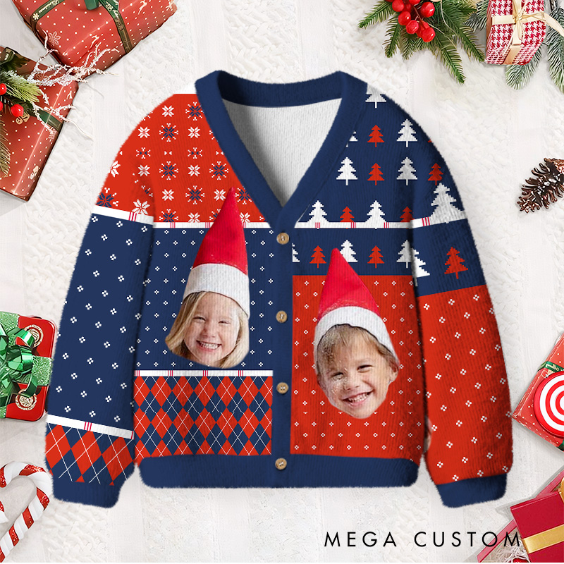Personalized Photo Kids Cardigan Sweater with Custom Faces and Festive Holiday Patterns for Unique Christmas Fun Cardigan Sweater