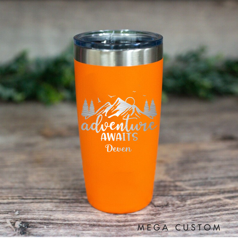 Personalized Outdoor Adventure Tumbler Adventure Awaits Coffee Tumbler Hiking Camping Mug Gift for Outdoor Lover