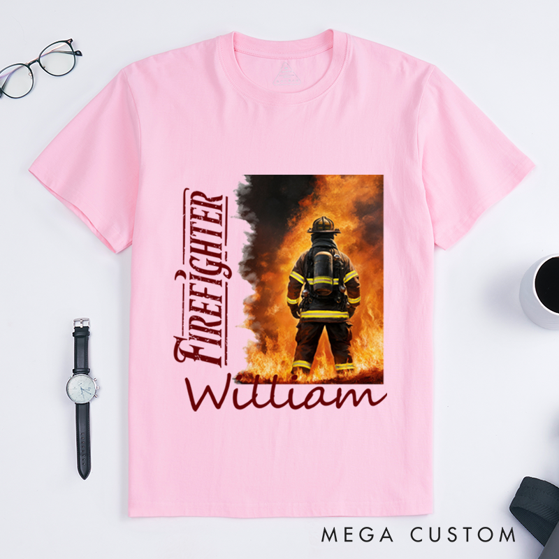 Personalized Heroic Firefighter and Flames Illustration Design Gift for Firefighter T-Shirt