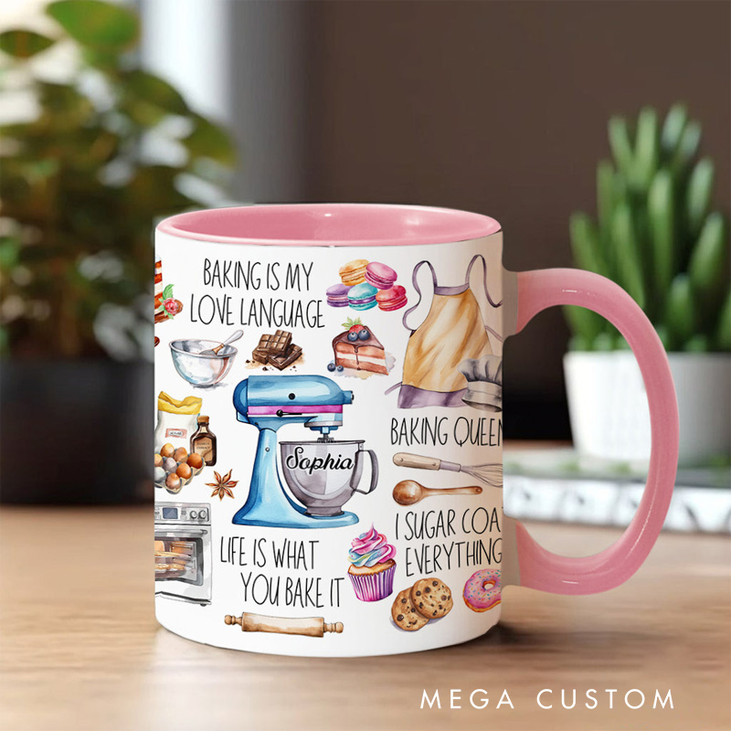 Personalized Baking Is My Love Language Mug 11oz Ceramic Baking Accent Mug with Name Coffee Cup for Baker Mom Sister Daughter Baking Lover Gift