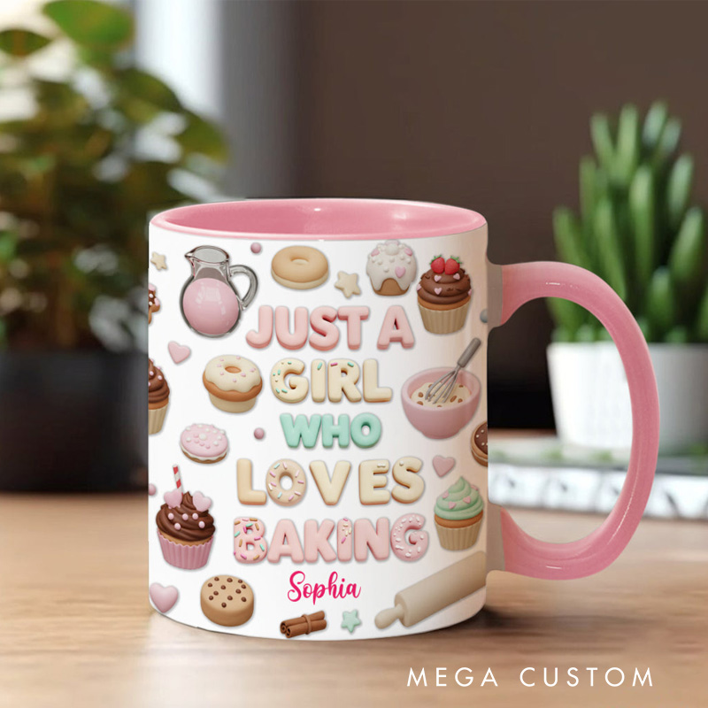 Personalized Just A Girl Who Loves Baking Mug 11oz Ceramic Baking Accent Mug with Name Coffee Cup for Baker Mom Sister Daughter Baking Lover Gift