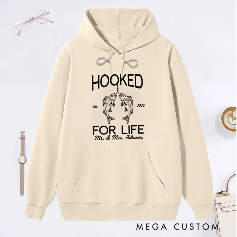 Personalized Fishing Hoodie Hooked for Life Sweatshirt Custom Names and Time Cozy Sweatshirt for Couples and Fishing Lovers