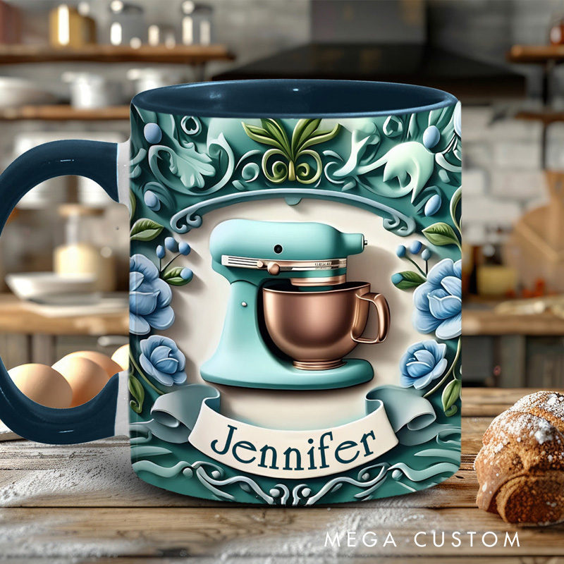 Personalized Baking Mixer Mug 11oz Ceramic Baking Accent Mug with Name Floral Coffee Cup for Baker Mom Sister Daughter Baking Lover Gift