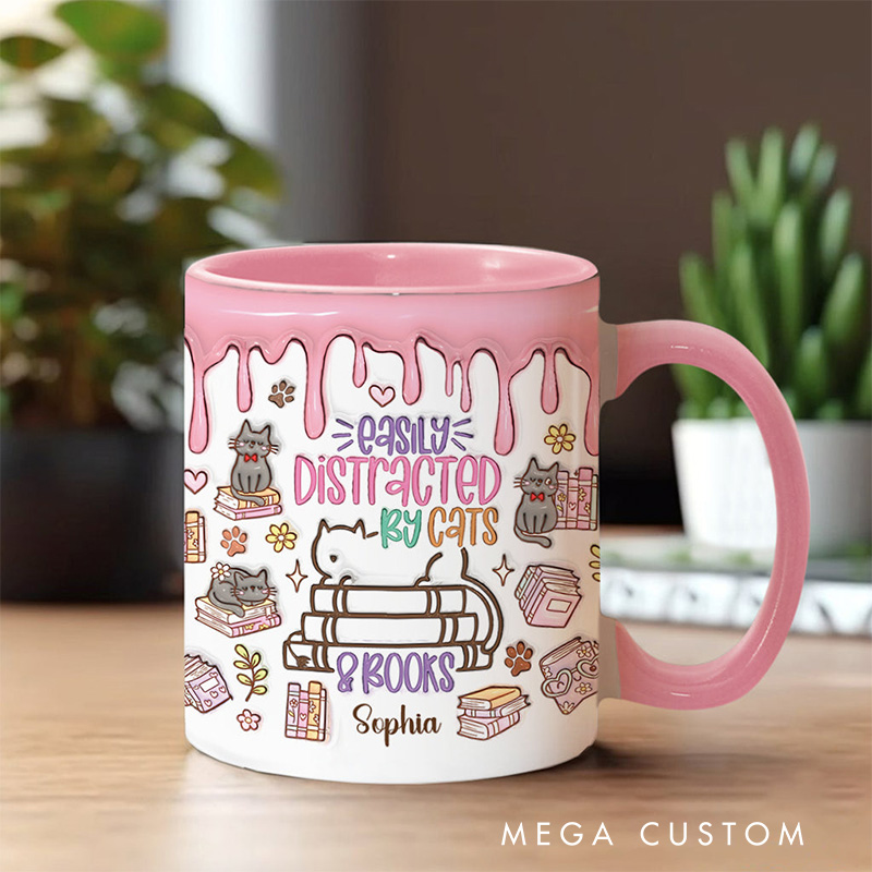 Personalized Easily Distracted By Cats and Books Mugs Custom Book Accent Mug with Name Fall Bookworm Coffee Mug for Reader Book Lover Librarian Gift