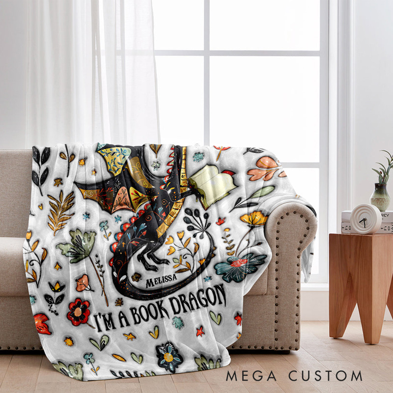 Personalized I'm Not A Book Worm I'm A Book Dragon Throw Blanket Custom Book Blanket for Fantasy Book Lover Bookish Blanket with Name for Bookworm Librarian Gift