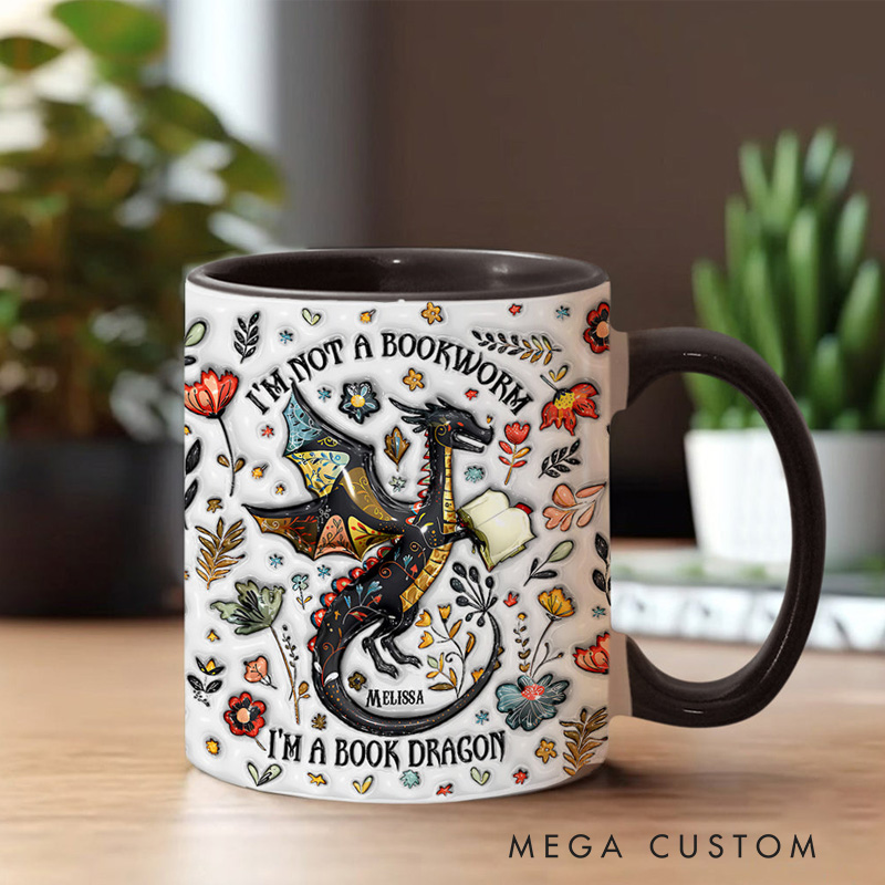 Personalized I'm Not a Book Worm I'm a Book Dragon Mugs Custom Book Accent Mug with Name Bookworm Coffee Cup for Reader Bookworm Book Lover Librarian Gift