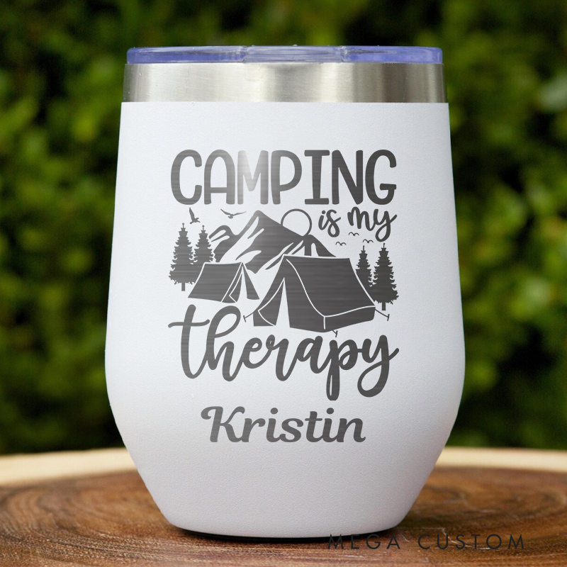 Personalized Camping Is My Therapy Tumbler Outdoor Camping Wine Tumbler Hiking & Camping Lover Mug