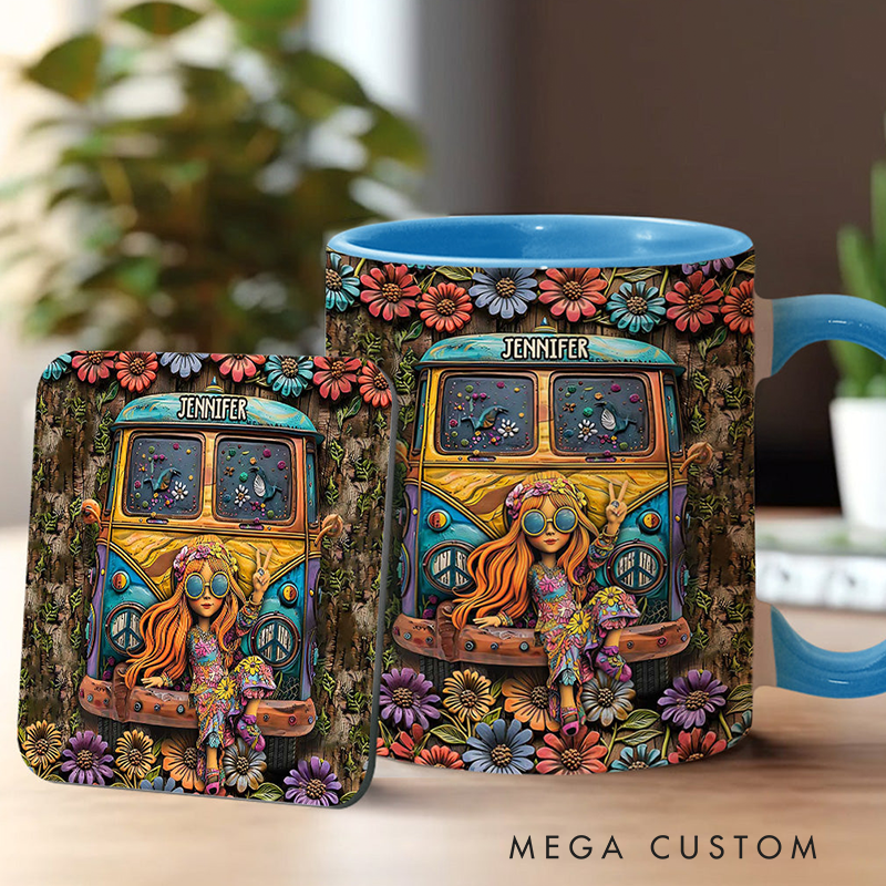 Personalized Hippie Accent Mug Hippie Lover Gifts for Girls Travel Cup Colorful Hippie Car Hippie Coffee Mug Bohemian Coffee Mug Peace Love Cup