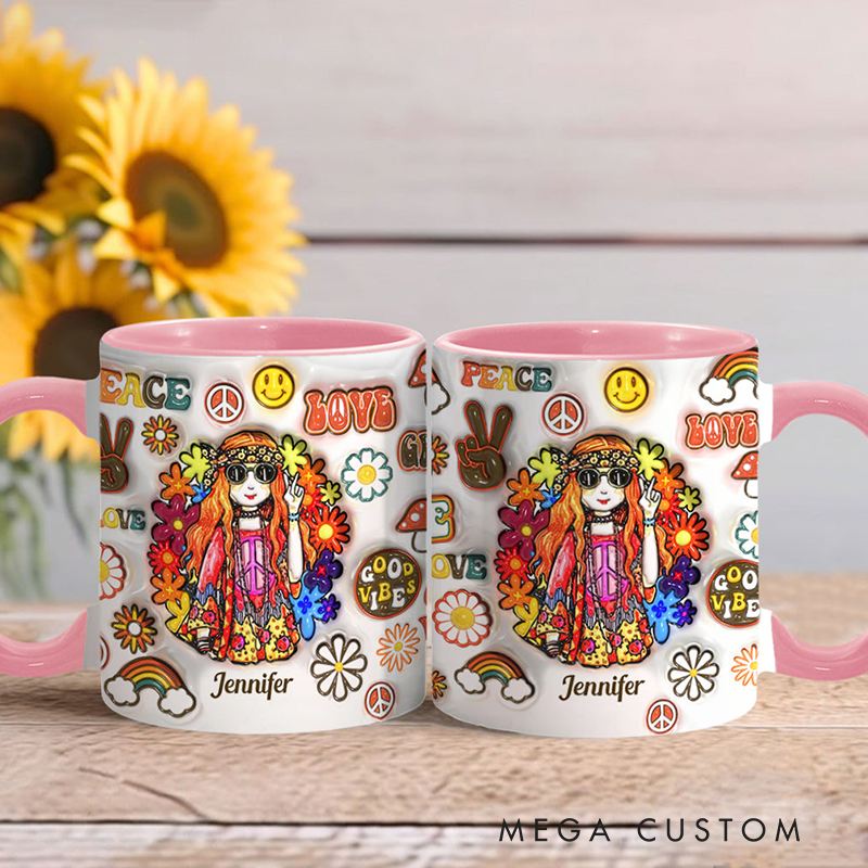 Personalized Name Hippie Accent Mug Hippie Girl Hippie Soul Peace Love Mug for Music Lover Gift