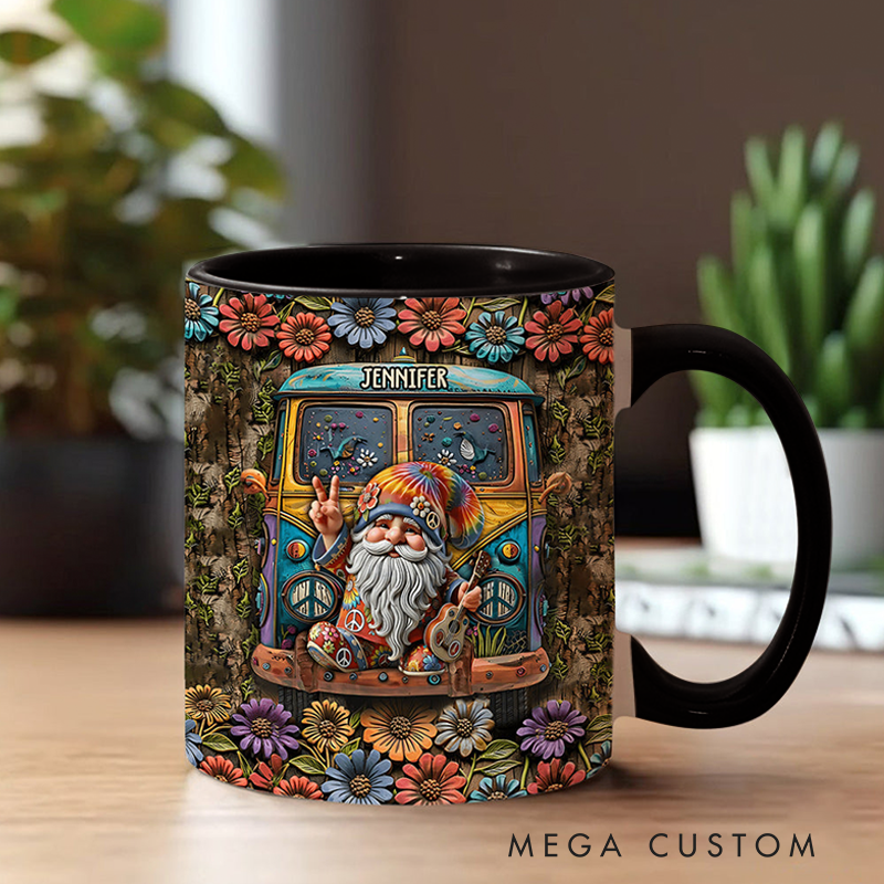 Personalized Hippie Accent Mug Vintage Gnome Hippie Lovers Gifts Colorful Hippie Coffee Mug Bohemian Coffee Mug