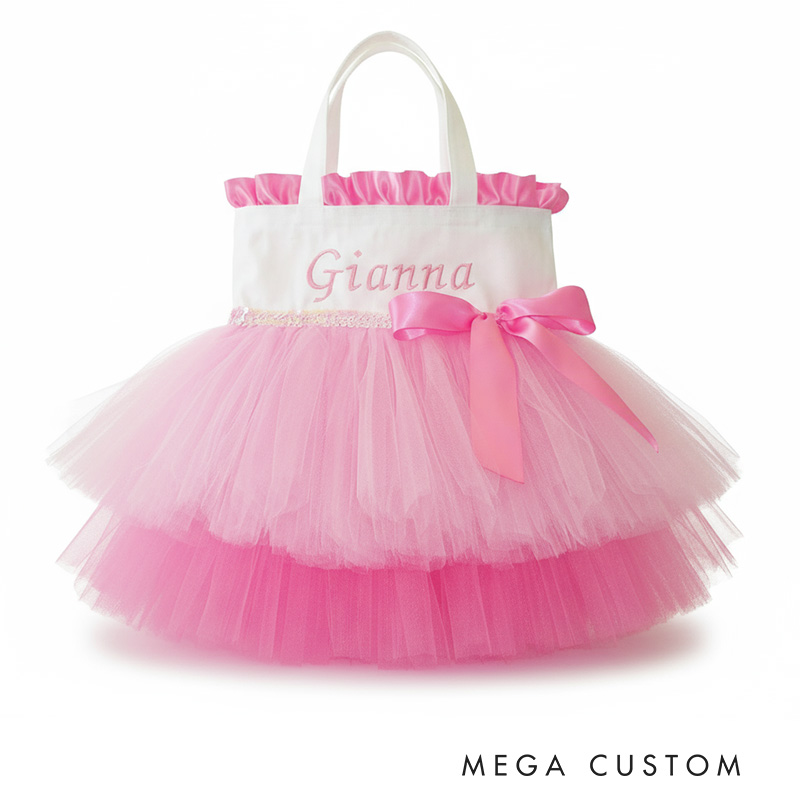 Personalized Dance Bag with Double Tutu Ruffles and Bow Wedding Flower Girl Tutu Bag Gifts Pink Tutu Dance Bags