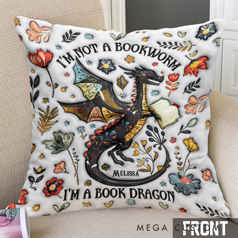 Personalized I'm Not a Book Worm I'm a Book Dragon Throw Pillow with Name Library Pillow Cover with Book Names for Fantasy Book Lovers Readers Bookworm Gift
