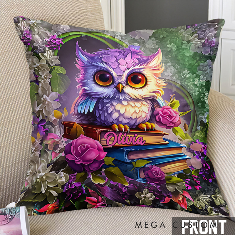 Personalized Owl Book Throw Pillow with Name Library Floral Book Pillow Cover with Names for Fantasy Book Lovers Readers Bookworm Gift