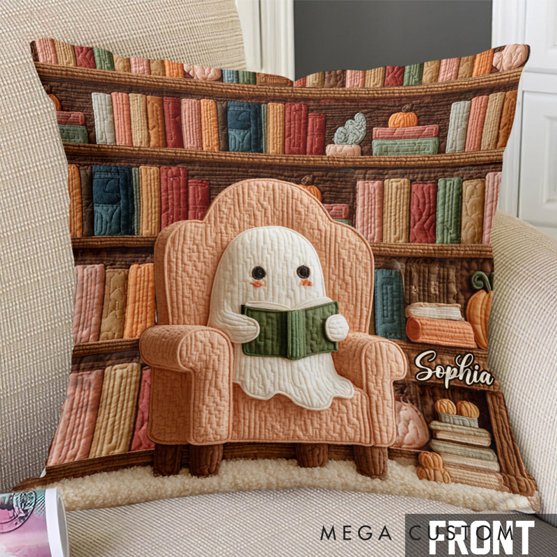 Personalized Bookish Throw Pillow with Name Reading Ghost Book Pillow Cover with Names for Book Lovers Readers Bookworm Gift