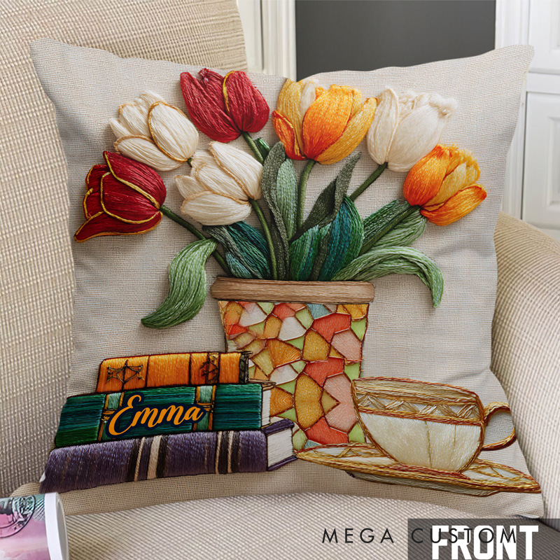 Personalized Books and Flowers Throw Pillow with Name Floral Book Pillow Cover with Names for Book Lovers Readers Bookworm Gift