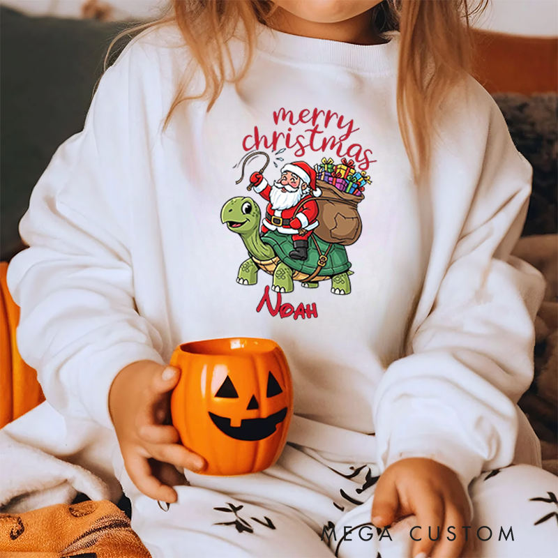 Personalized Kids Sweatshirt and Holiday Pullover Featuring Santa and Turtle Design for a Cheerful Christmas Atmosphere