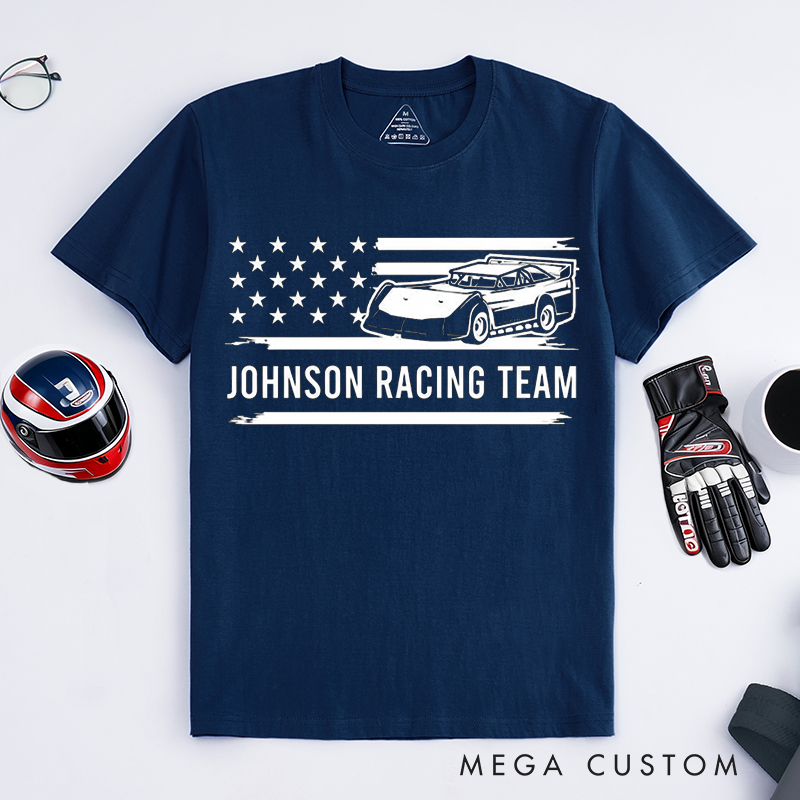 Personalized Racing Team T-Shirt Custom Text Vintage USA Flag Race Car Design for Racers and Racing Lovers