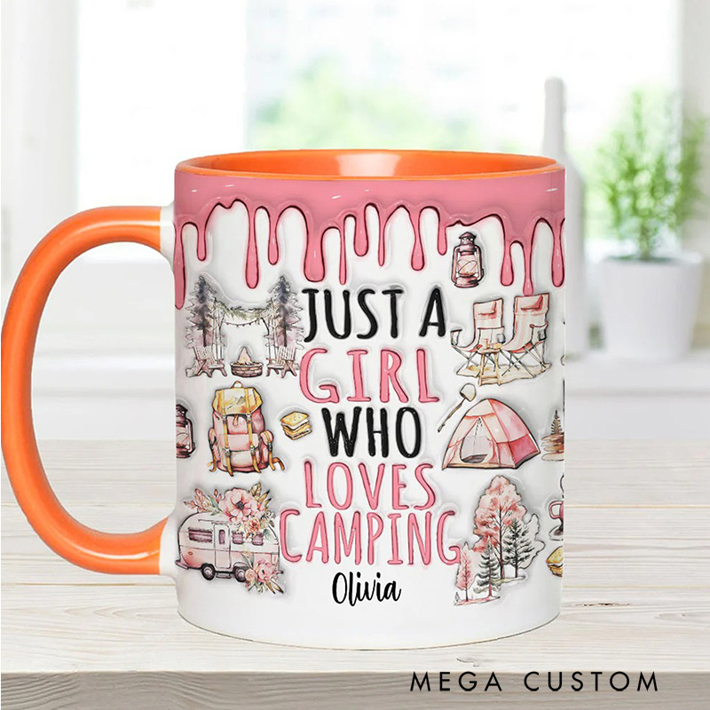 Personalized Just a Girl Who Loves Camping Mug Outdoors Adventure Mountains Camper Hiking Cup Gift for Kid Outdoors Lovers