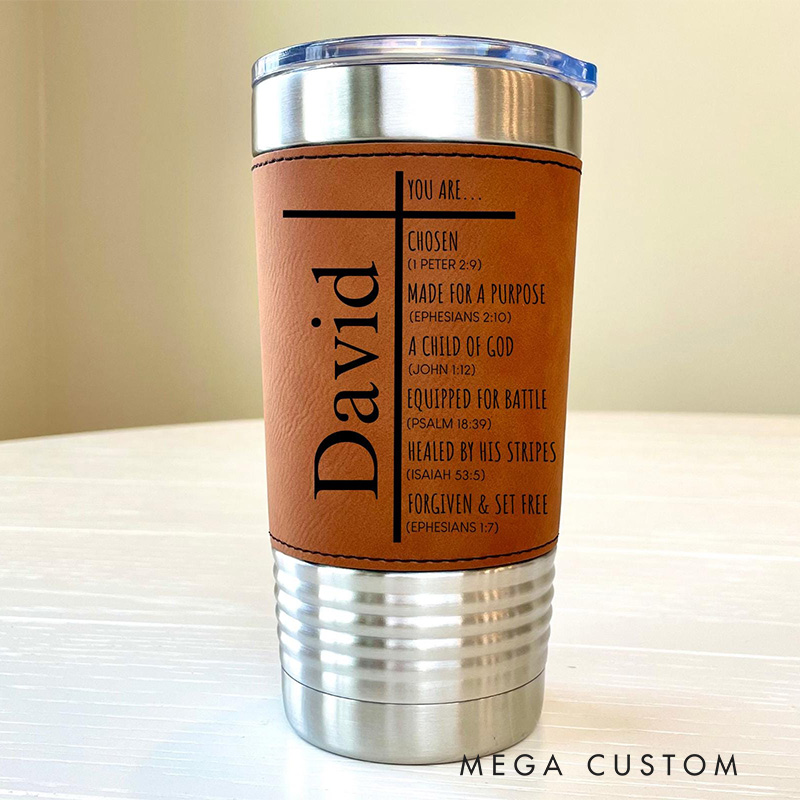 Personalized Cross You Are Chosen 20oz Vintage Leather Tumbler for Men Religious Retirement Baptism Birthday Gift for Christian