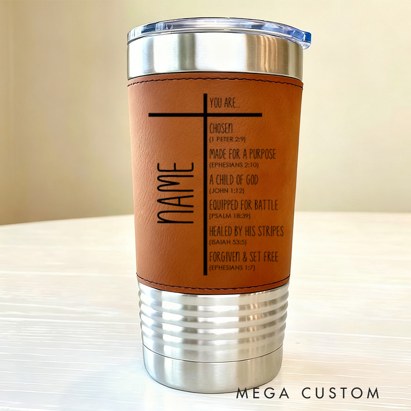 Personalized Cross You Are Chosen 20oz Vintage Leather Tumbler with Name for Men Religious Retirement Birthday Gift for Christian