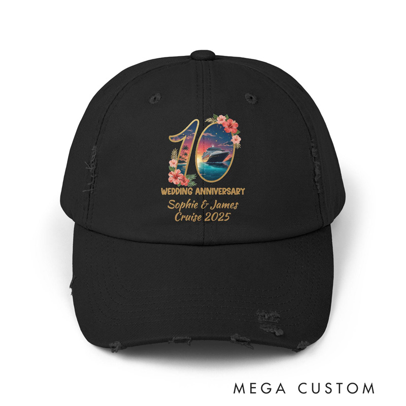 Personalized Couple Matching 10th Wedding Anniversary Hat Custom Names Cruise Vacation Trip Distressed Dad Hat Black Vintage Baseball Cap