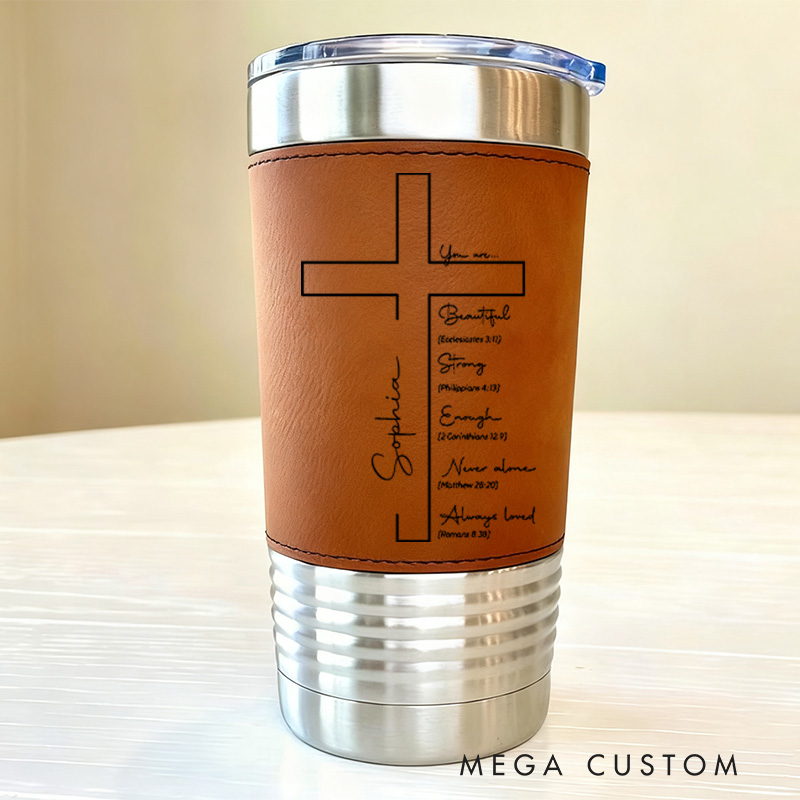 Personalized Cross You Are Chosen Bible Verse 20oz Vintage Leather Tumbler with Name Religious Retirement Birthday Gift for Christian Men