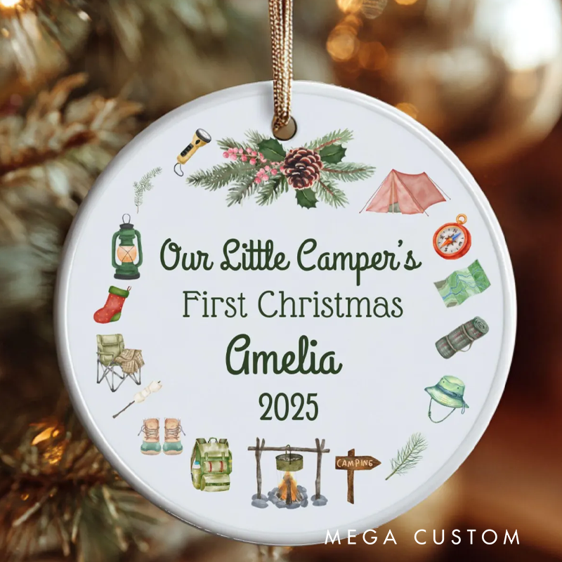 Personalized First Christmas Ornament 2025 Custom Camping Theme Forest Christmas Ornament Holiday Gift