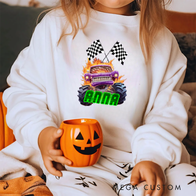 Personalized Big Wheel Off Road Truck Multicolor Kid's Sweatshirt Hoodie with Age and Name Birthday Christmas Gift for Kids
