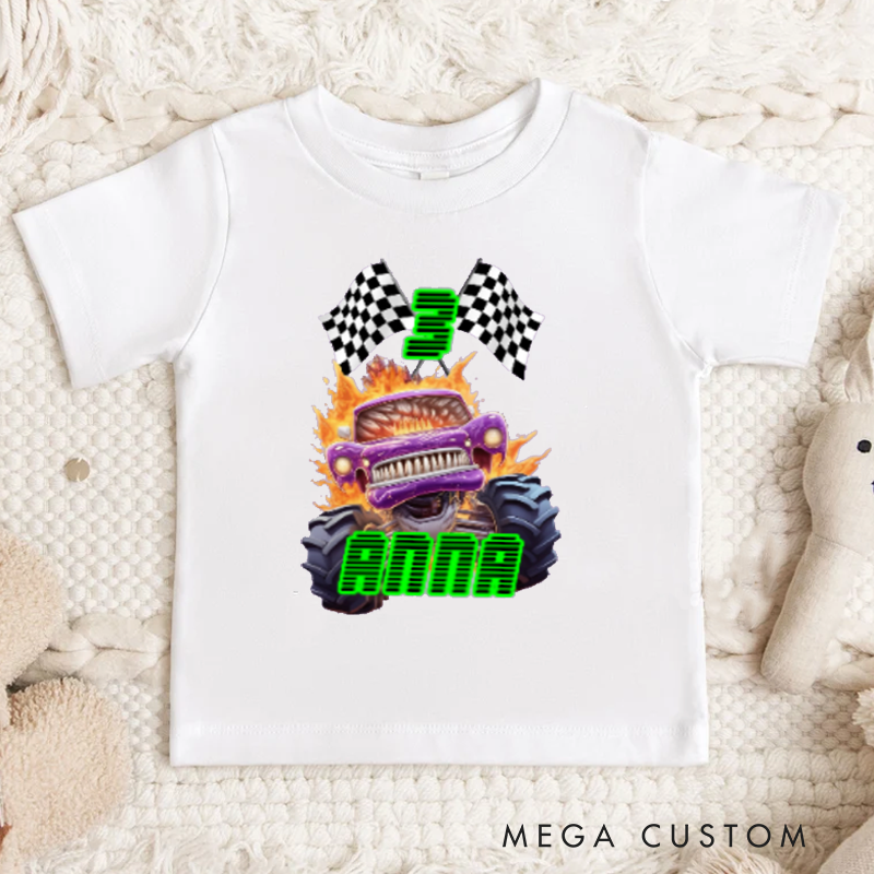 Personalized Big Wheel Off-Road Truck Multicolor Kid's Tshirt with Age and Name Birthday Christmas Gift for Kids