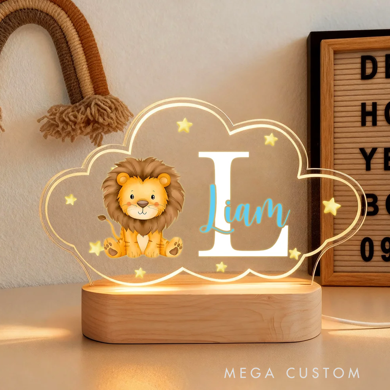 Personalized Cute Animals Star Cloud Style Acrylic LED Night Light with Wooden Base and Name Birthday Anniversary Gift for Kid Newborn