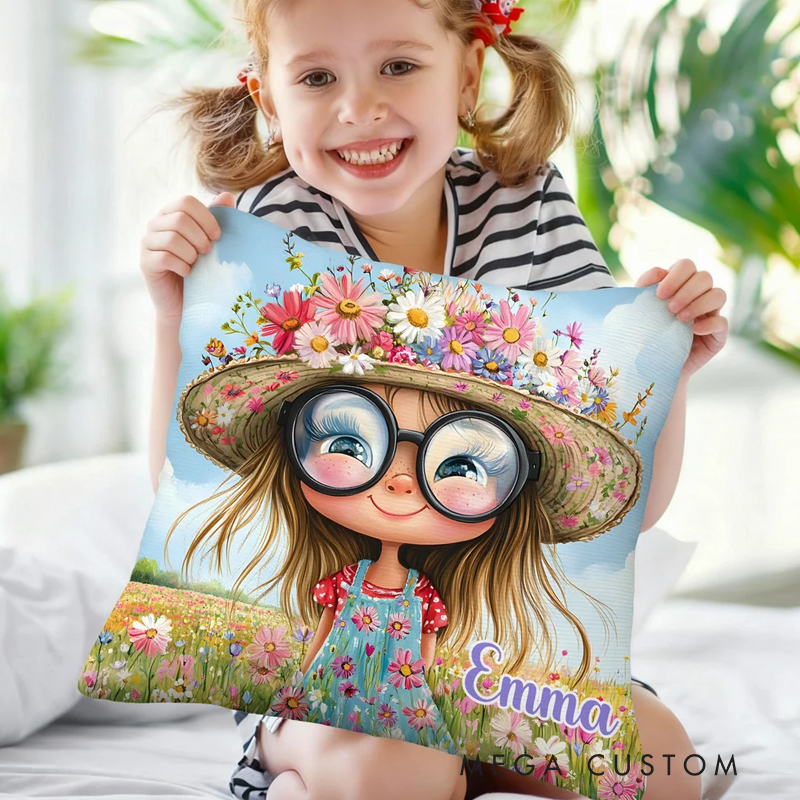 Personalized Quirky Flower Girl Soft Throw Pillow Cover with Name Home Decor Birthday Gift for Girls Friends