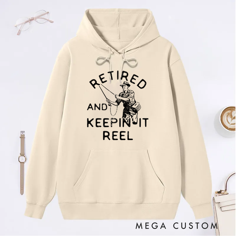 Personalized Retired and Keepin' It Reel Hoodie Funny Fishing Sweatshirt for Retirees Cozy Outdoor Apparel Perfect Gift for Fishing Enthusiasts