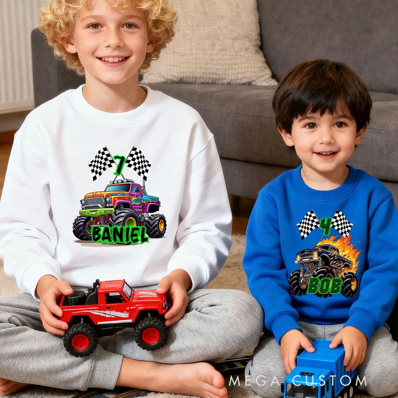 Personalized Big Wheel Off-Road Truck Multicolor Kid's T-shirt Sweatshirt Hoodie with Age and Name Birthday Christmas Gift for Kids