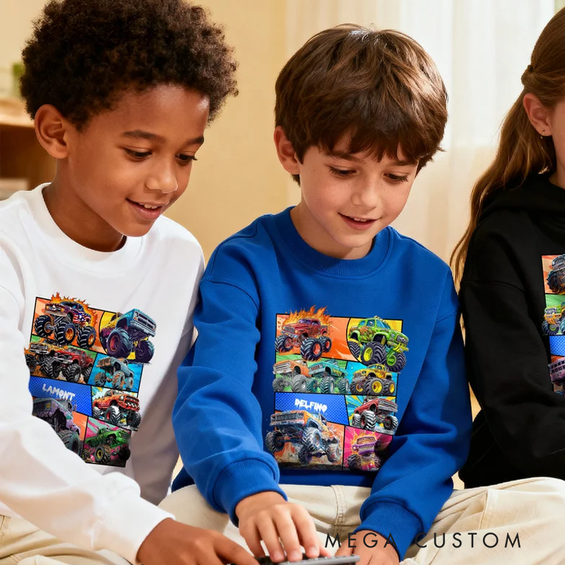 Personalized Truck Off-Road Vehicle Design Multicolor Kid T-shirt Sweatshirt Hoodie with Name Birthday Christmas Gift for Girls Boys