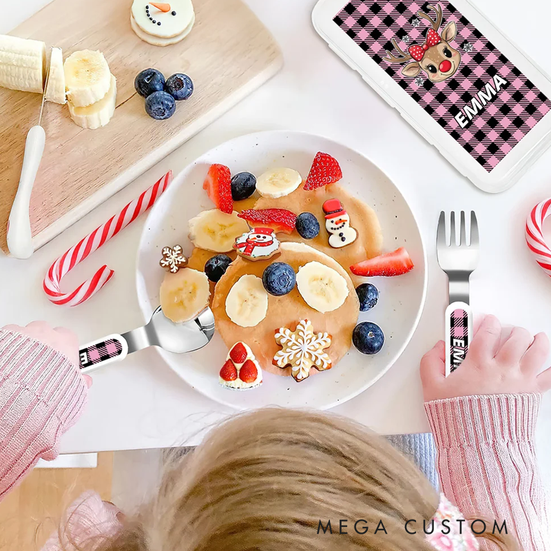 Personalized Cartoon Reindeer Snowflake Plaid Kid Stainless Steel Fork Spoon Knife 3 Pcs Cutlery Set with Name and Case Christmas Gift for Boys Girls