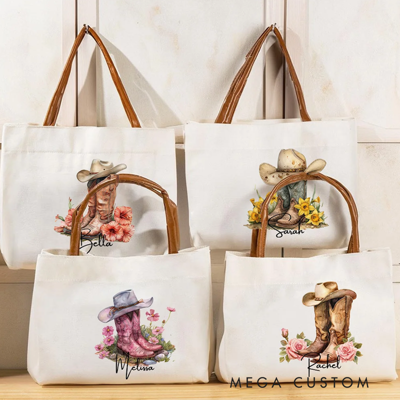 Personalized Birth Flower Western Cowgirl Boots Design Canvas Tote Bag with Name and Leather Handle Birthday Bridesmaid Gift for Women