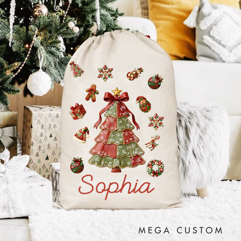 Personalized Christmas Tree Santa Claus Canvas Drawstring Gift Bag with Name Christmas Gift for Family Kids