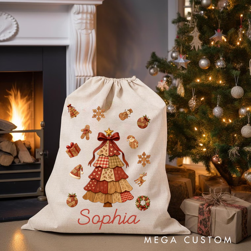 Personalized Wood Element Christmas Tree Santa Claus Canvas Drawstring Gift Bag with Name Christmas Gift for Family Kids