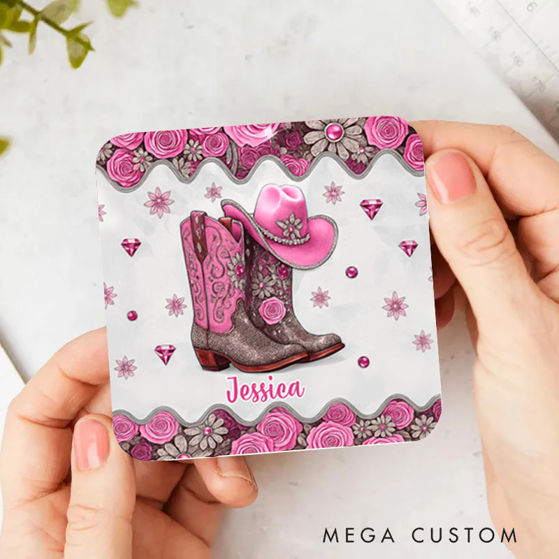 Personalized Name Cowgirl Accent Coaster Custom Cowgirl Boots Gift for Music Lover